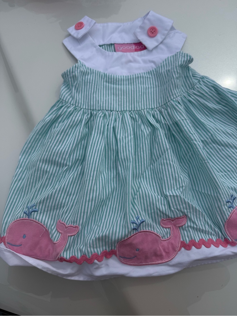 Good Lad White and Pink Trim Green-Striped Whale Applique Dress